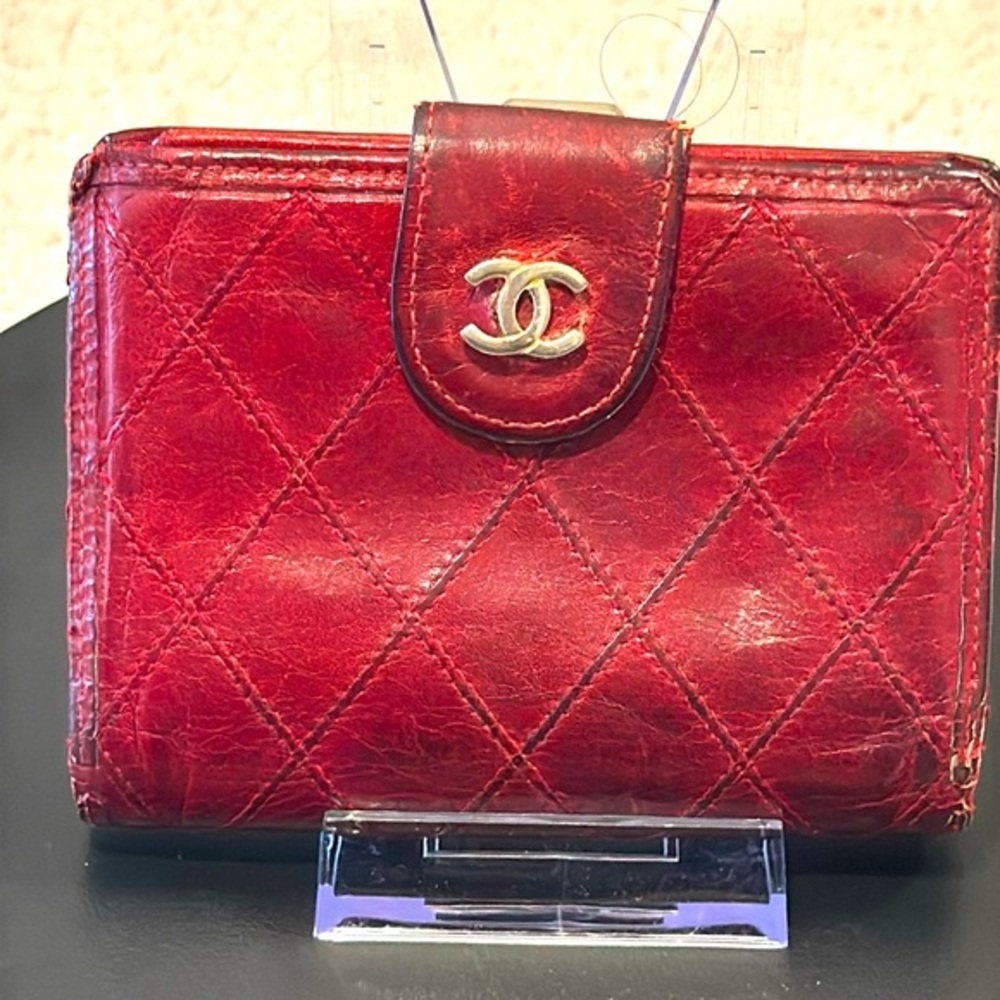 CHANEL WALLET IN RED LEATHER WITH CHANEL CROSS STICHING EUC AUTHENTIC.
